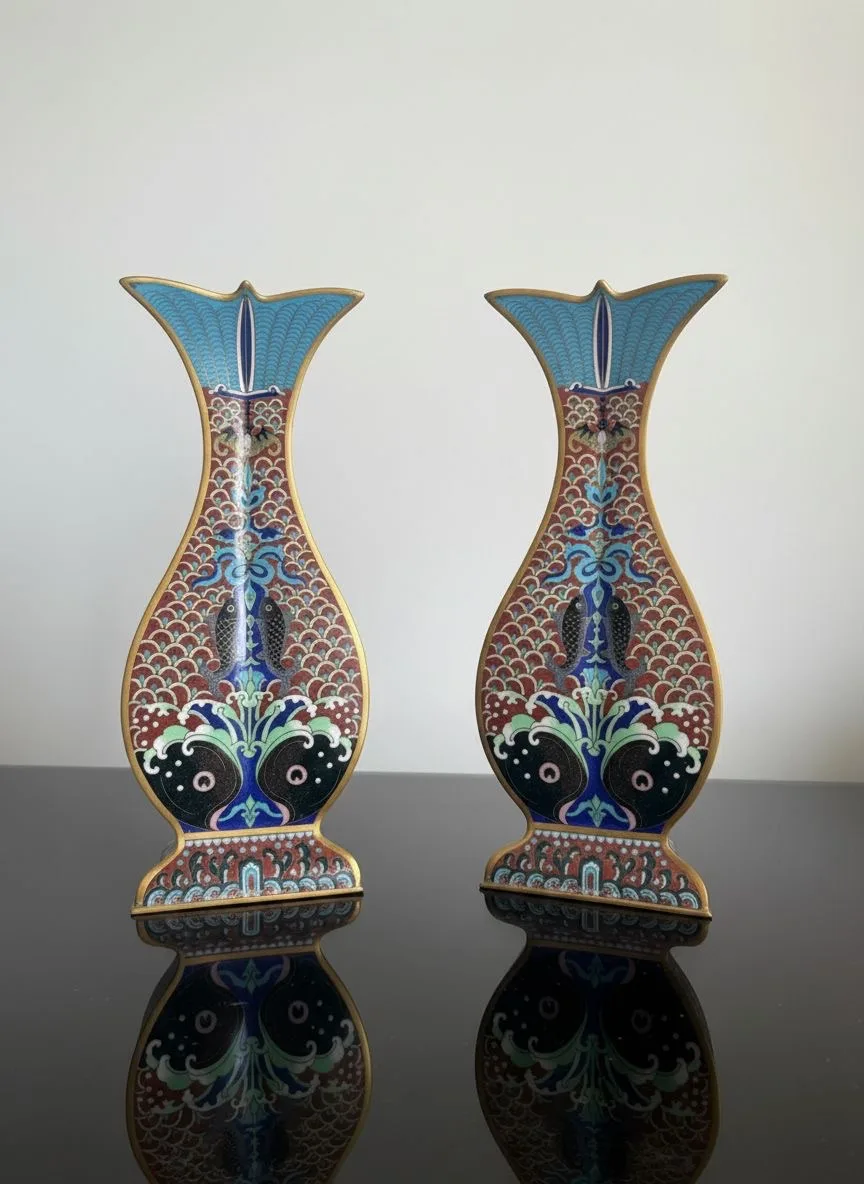 Pair of Chinese cloisonné flattened vases with twin-fish and bat design, four-lobed rim, on wood stands, 30 cm