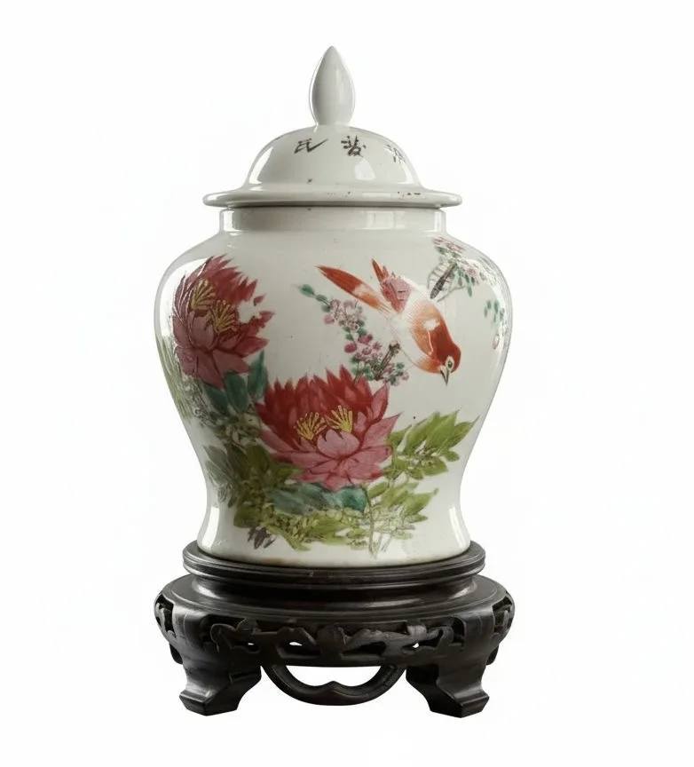 Pote de templo chinês em porcelana famille rose, peónia e pássaro, base em madeira entalhada