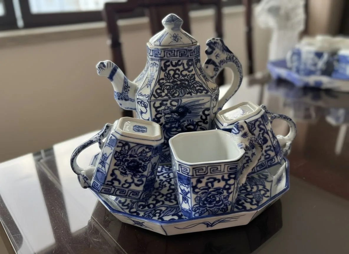 Serviço de chá chinês em porcelana azul e branca, dragão e fénix: bule, três chávenas e bandeja