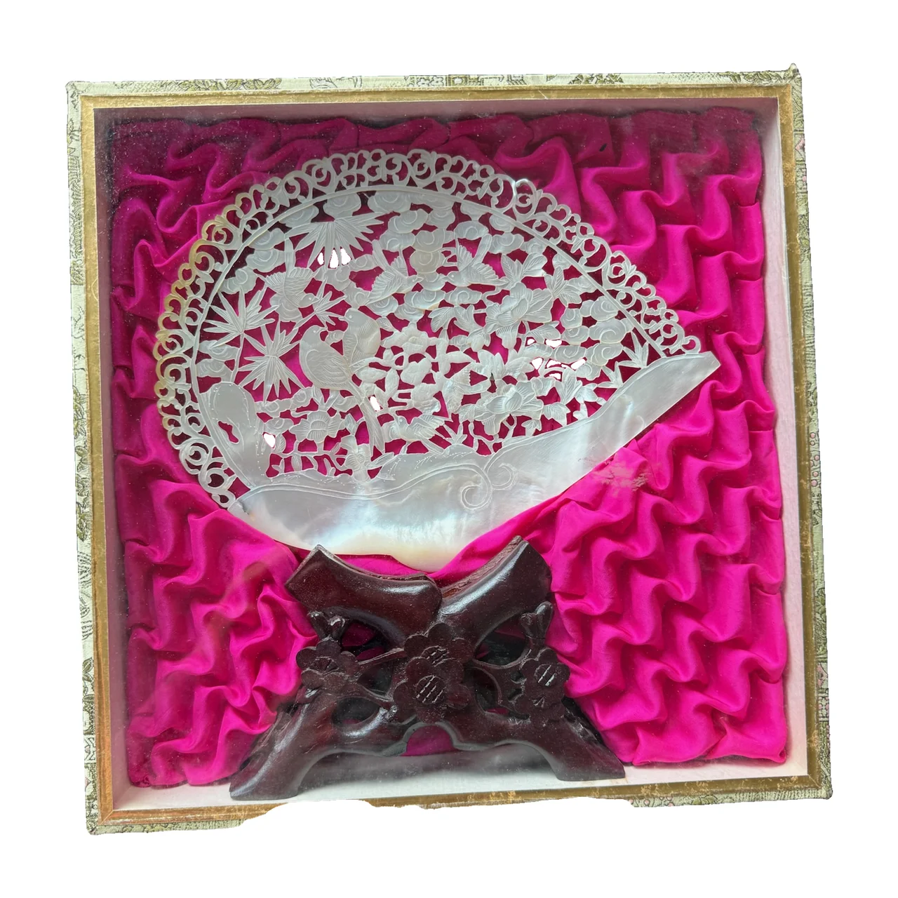 Floral Mother-of-Pearl Fan Sculpture with Birds