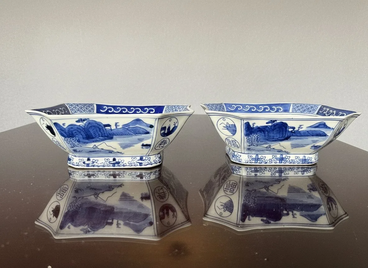 Par de taças chinesas octogonais em porcelana azul e branca, votos de cem filhos