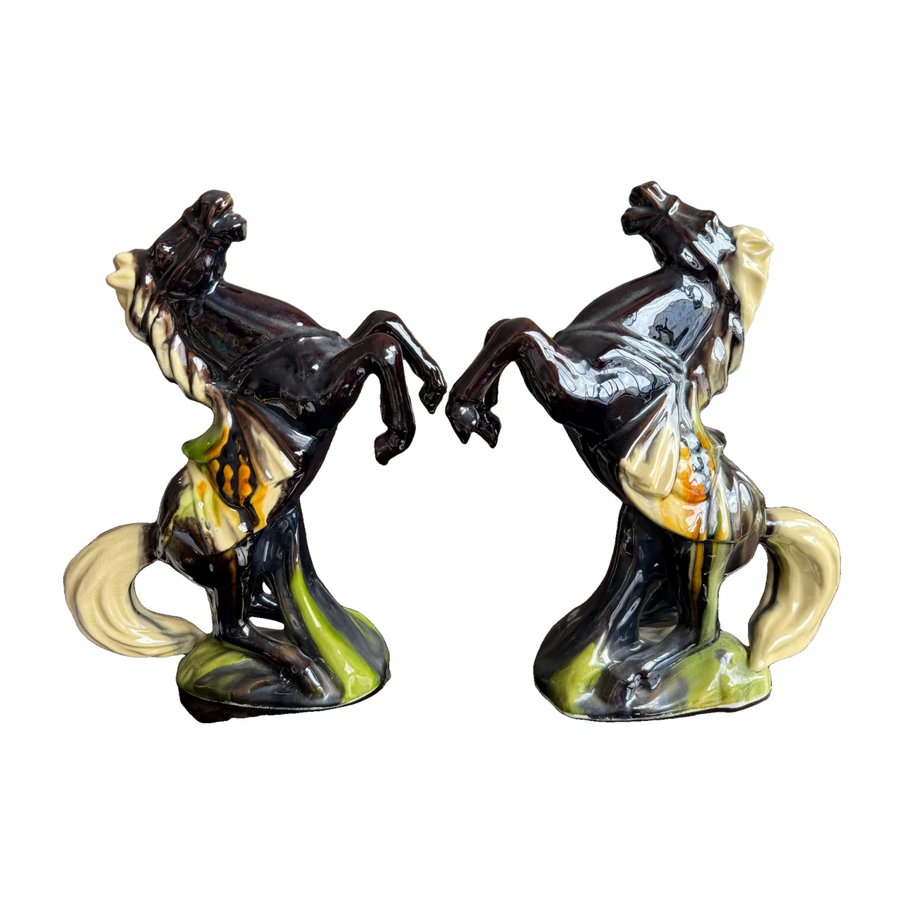 Pair of Rearing Glazed Ceramic Horses