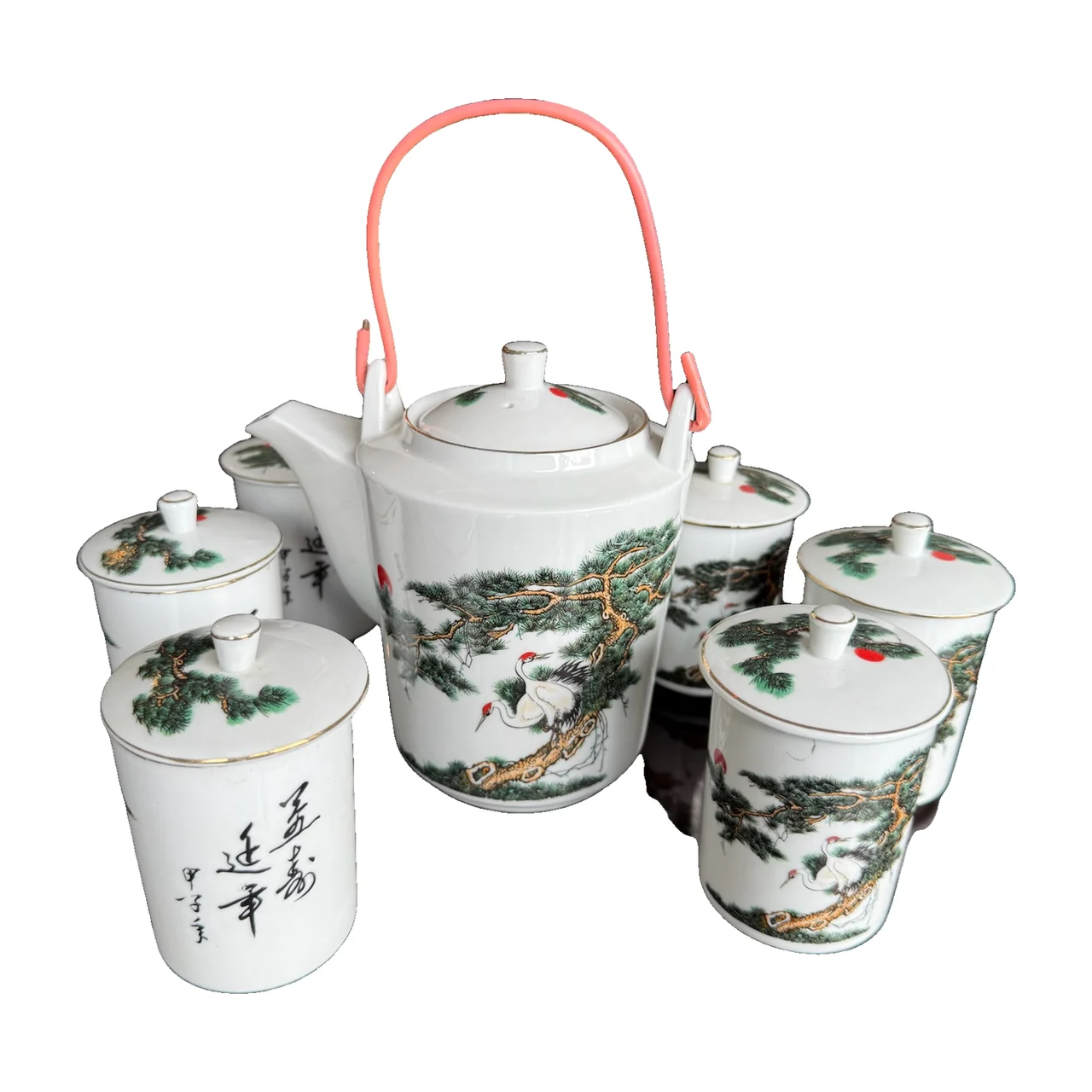 Porcelain Tea Set with Pine Tree and Crane Motif