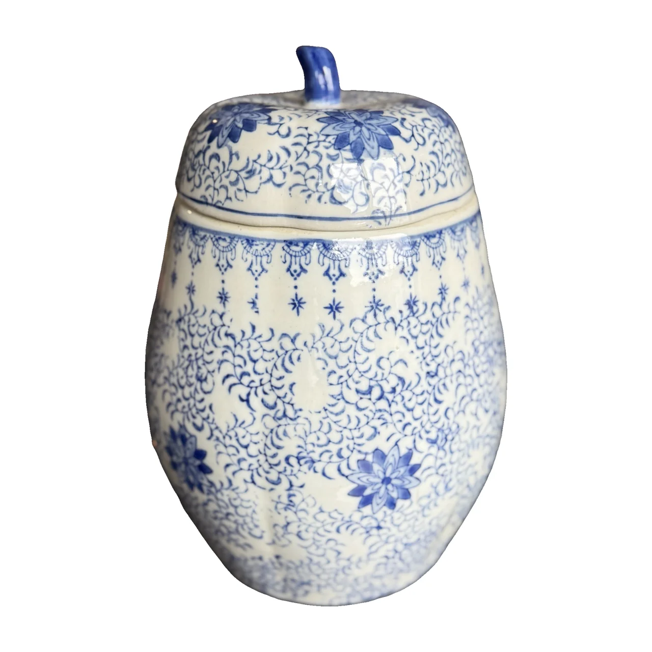 Blue-and-White Porcelain Ginger Jar with Dense Floral Scroll Motif