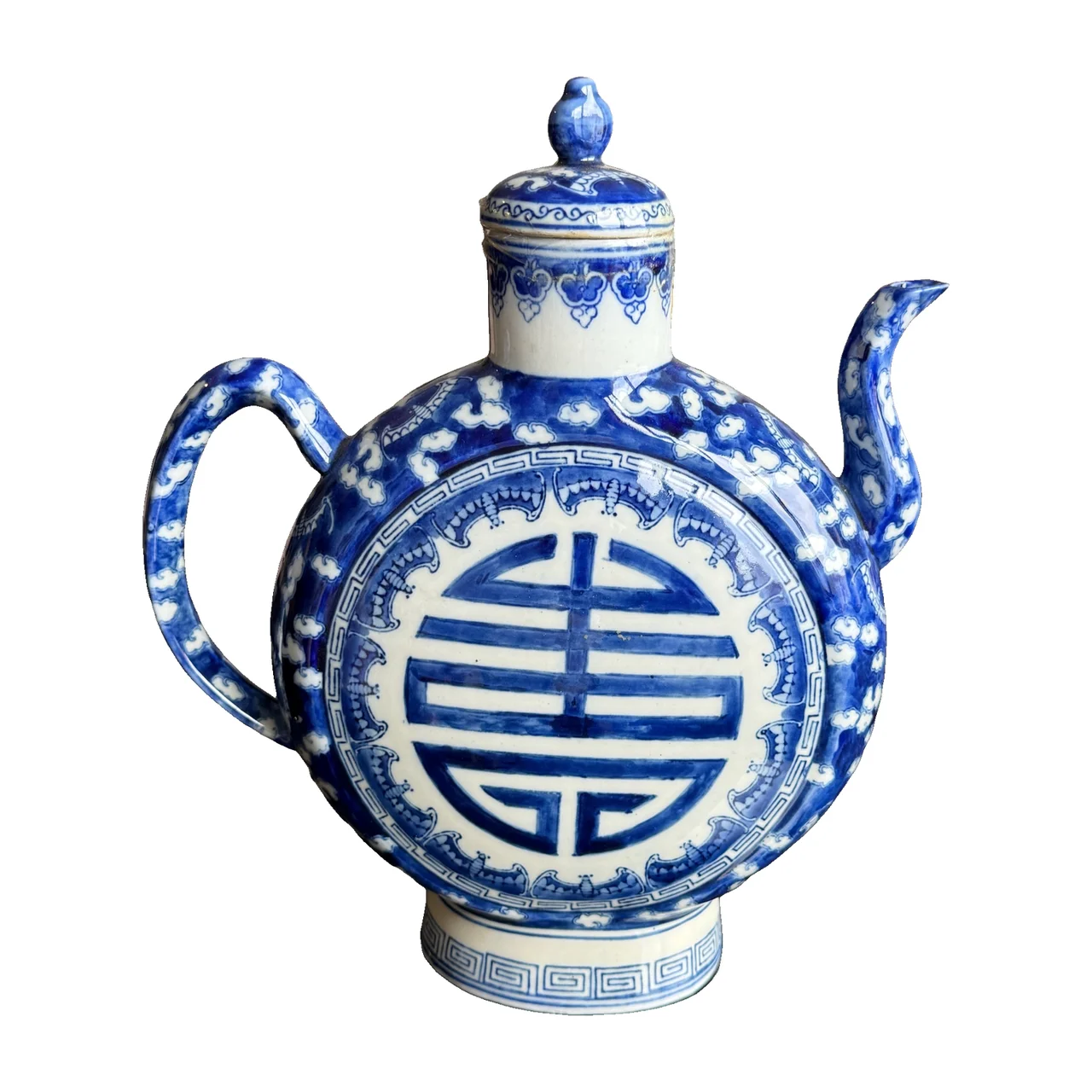 Blue-and-White Moon Flask Ewer with Cloud and Longevity Design