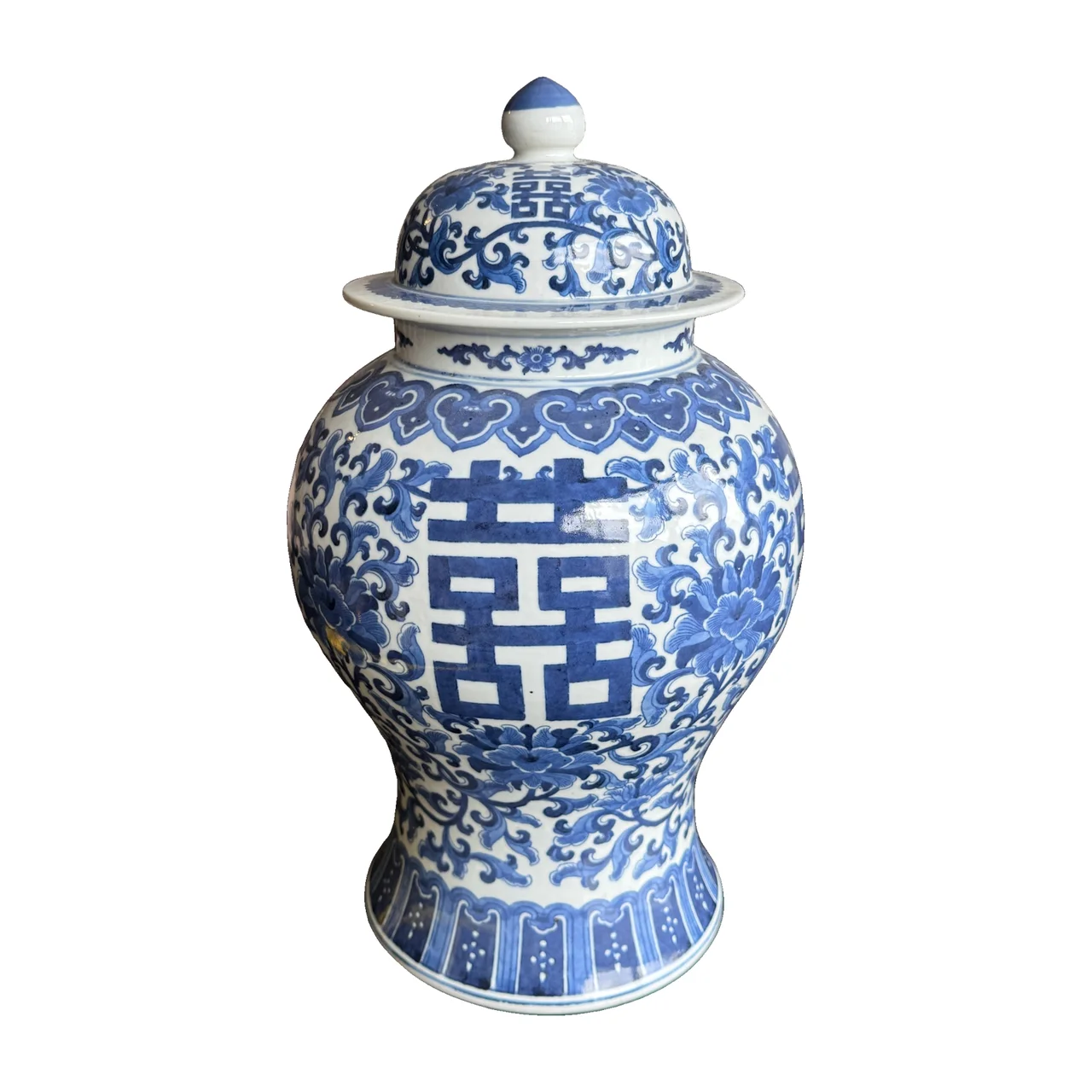 Grande pote de templo chinês em porcelana azul e branca, Duplo Felicidade, com tampa, 42 cm