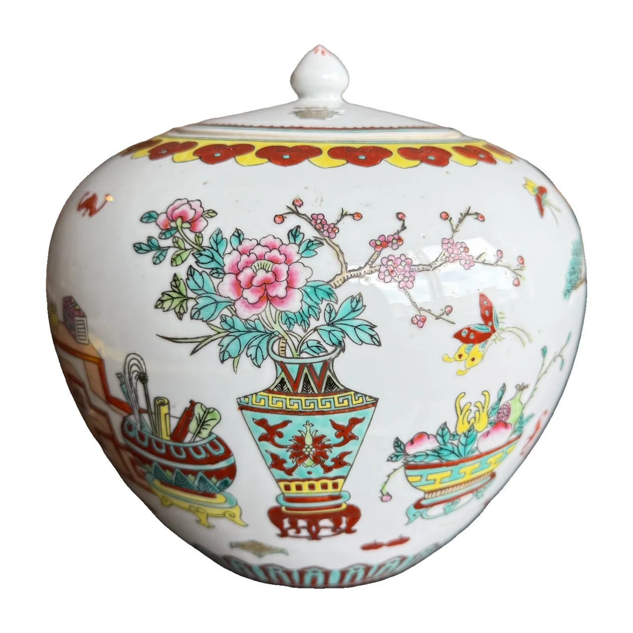 Famille Rose Porcelain Jar with Floral and Symbolic Scholar's Motifs