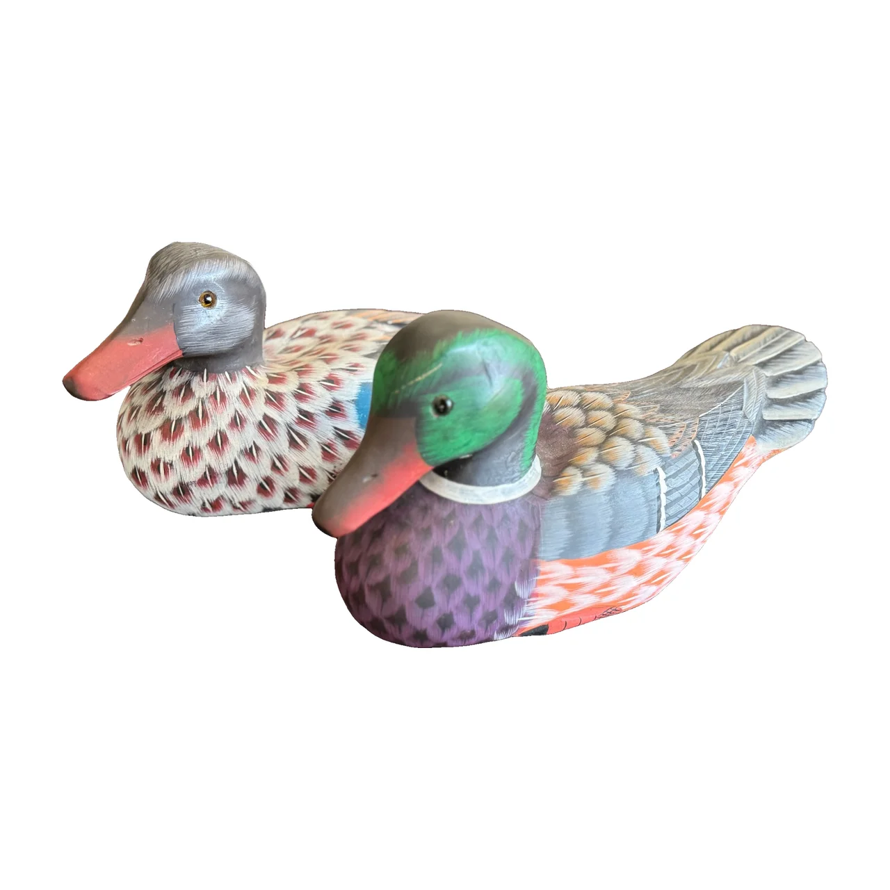 Par de patos-reais chineses em madeira entalhada e pintada à mão, 32 cm
