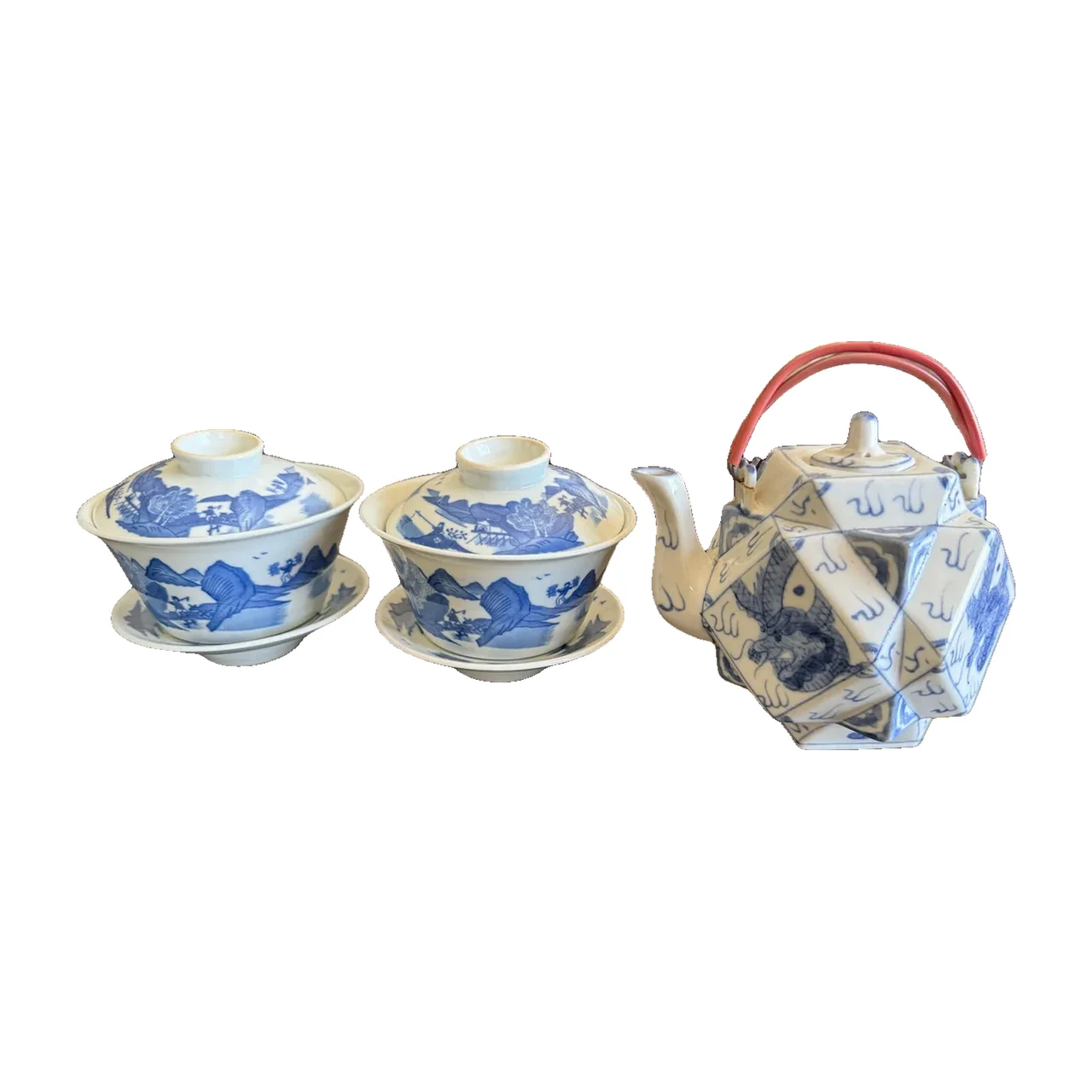 Blue and White Tea Set with Hexagonal Dragon Teapot