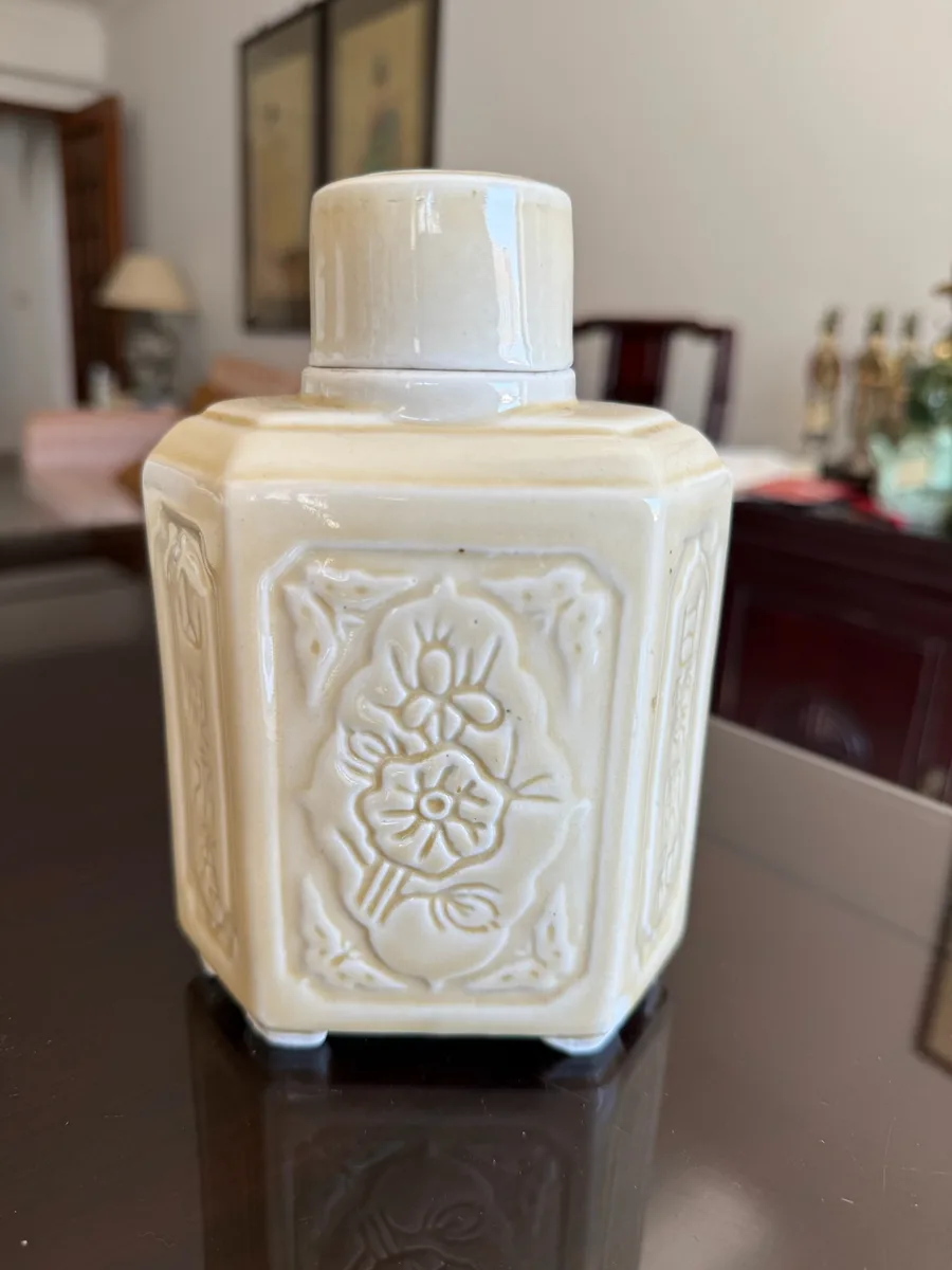 Caixa chinesa de chá hexagonal em porcelana creme, paisagem em relevo, 18 cm