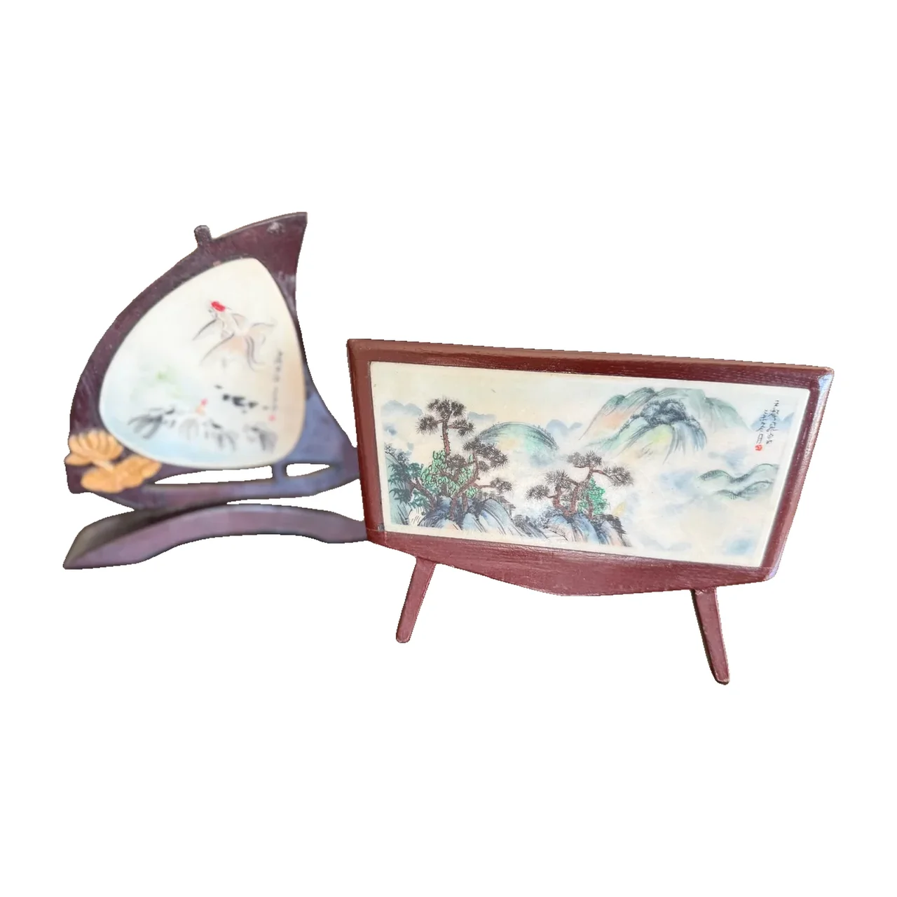 Pair of Miniature Painted Screens on Wood Stands