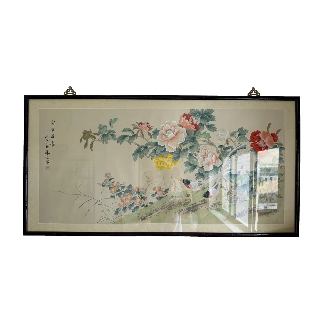 Grande pintura chinesa gongbi de peónias e faisões-prateados, emoldurada, 114 cm