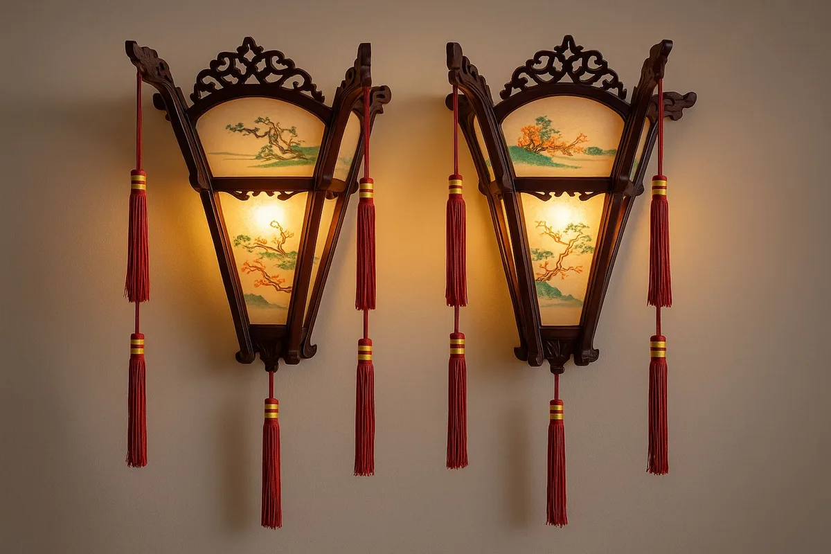 Par de lanternas chinesas de parede em madeira entalhada, forma de pagode, painéis pintados à mão e borlas
